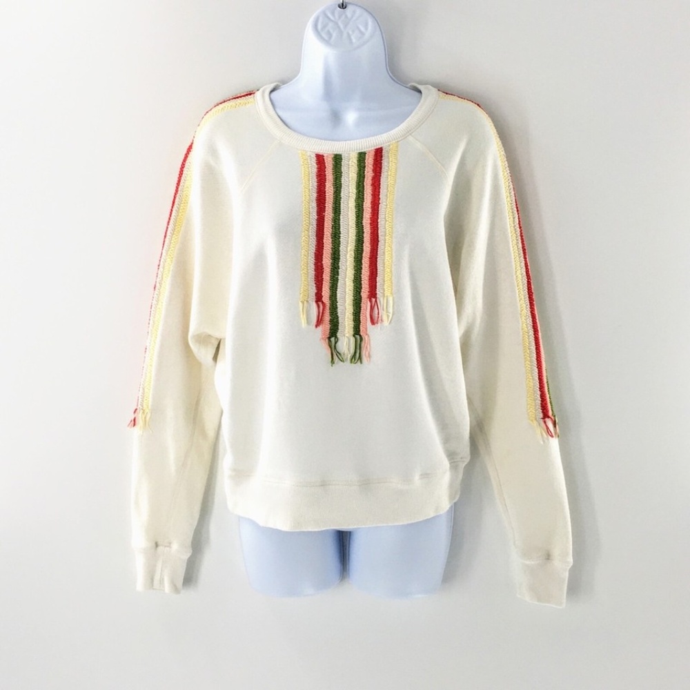 The Great Womens The College Sweatshirt Cream Crewneck Embroidered Fringe Sz XS
